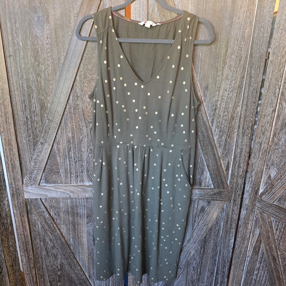 Boden Dress Women's Size 14 L Green & Gold Polka Dot Print Sleeveless V-Neck